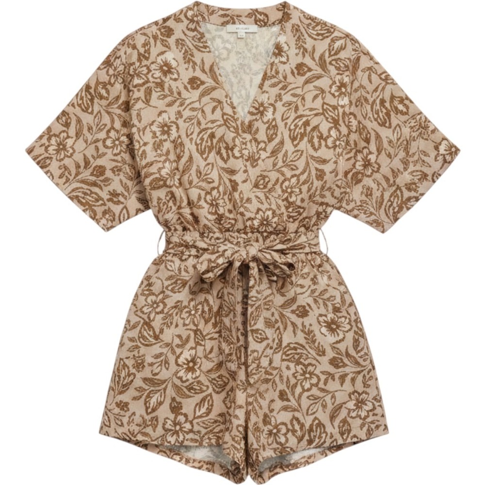 Floral‎ V-Neck Kimono Sleeve Romper Beige Brown Tie Waist Pockets 2x NEW